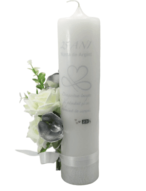 Lumanare nunta – aniversare 25 ani, model deosebit cu flori de matase, alb-argintiu – PRIF307164