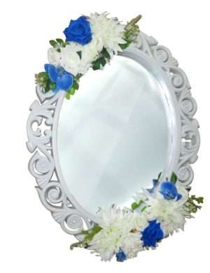 Oglinda miresei, forma ovala in stil victorian, lucrata cu flori de matase, model alb albastru ILIF405012 (3)