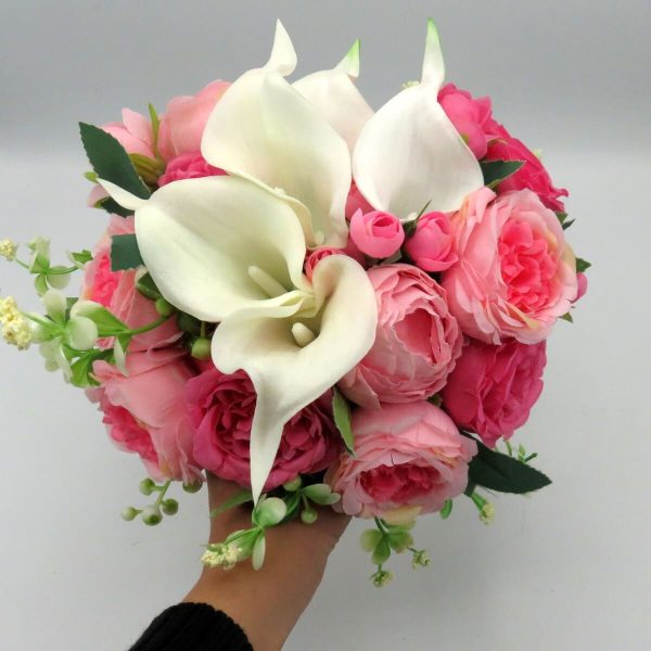 Buchet mireasanasa cu flori de matase si cale din silicon real touch, roz&alb – ILIF310045 (1)