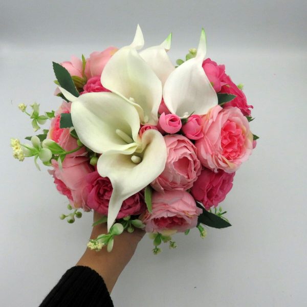 Buchet mireasanasa cu flori de matase si cale din silicon real touch, roz&alb – ILIF310045 (2)