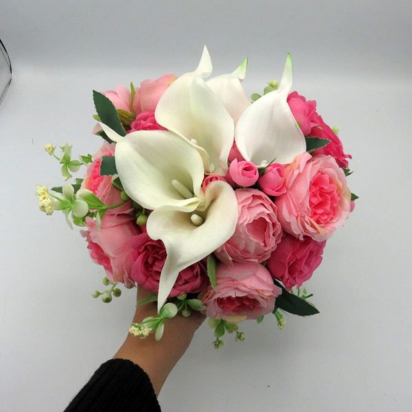 Buchet mireasanasa cu flori de matase si cale din silicon real touch, roz&alb – ILIF310045 (3)