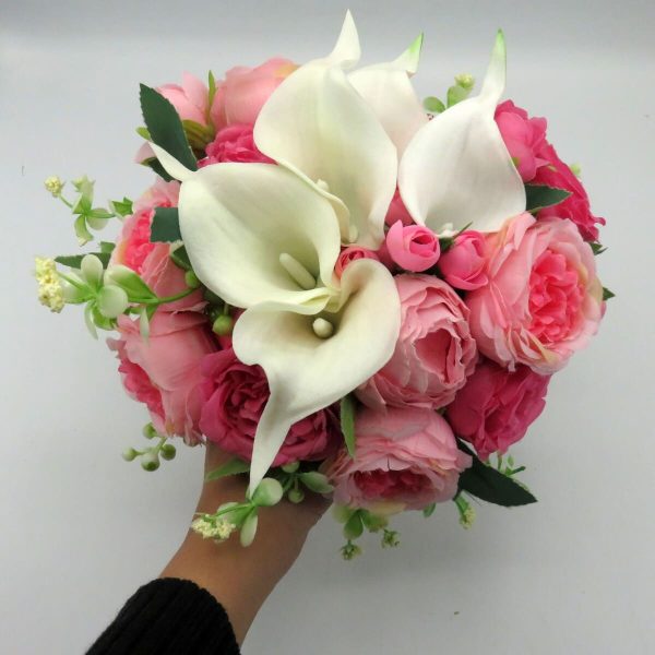 Buchet mireasanasa cu flori de matase si cale din silicon real touch, roz&alb – ILIF310045 (4)
