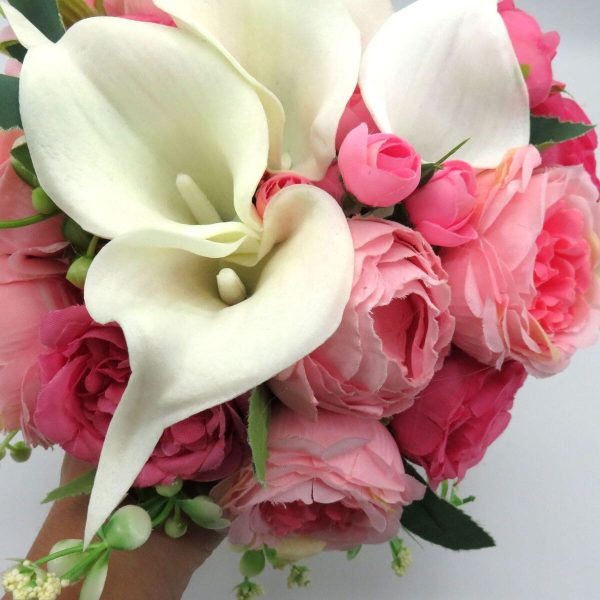Buchet mireasanasa cu flori de matase si cale din silicon real touch, roz&alb – ILIF310045 (5)