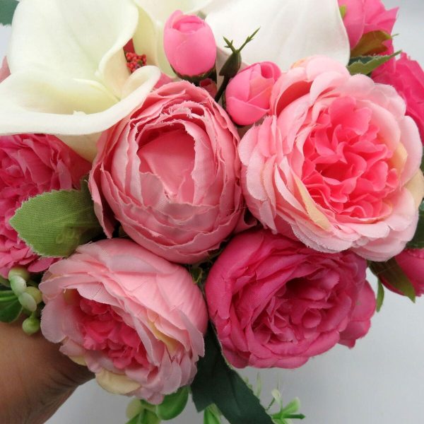 Buchet mireasanasa cu flori de matase si cale din silicon real touch, roz&alb – ILIF310045 (6)