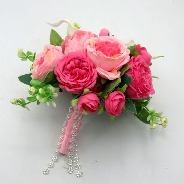 Buchet mireasanasa cu flori de matase si cale din silicon real touch, roz&alb – ILIF310045 (10)