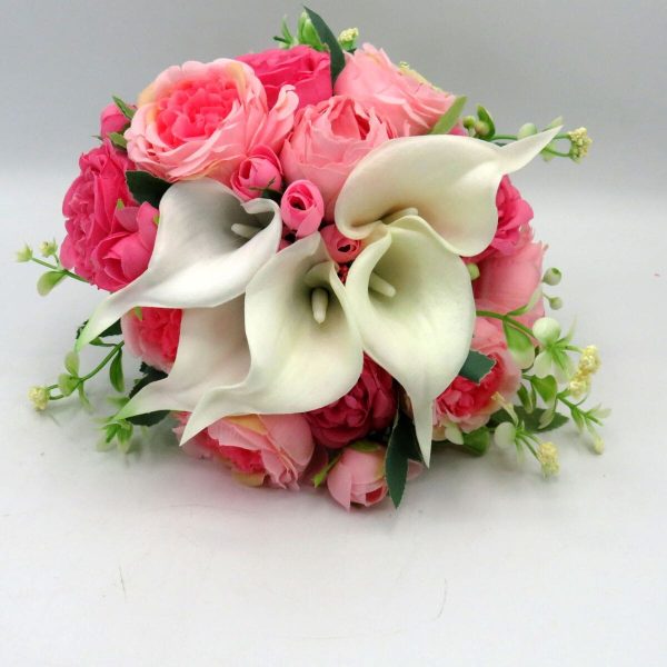 Buchet mireasanasa cu flori de matase si cale din silicon real touch, roz&alb – ILIF310045 (12)