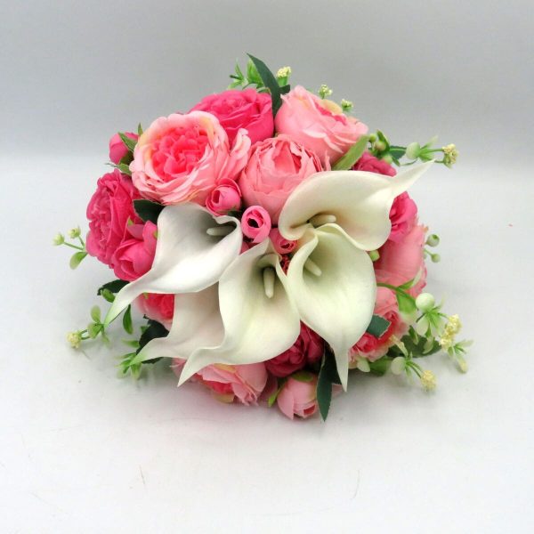 Buchet mireasanasa cu flori de matase si cale din silicon real touch, roz&alb – ILIF310045 (14)
