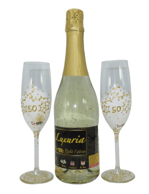 Set Vin Spumant Luxuria cu foita de aur 23k 2 pahare aurii decorate manual aniversare 50 de ani ILIF305069 1
