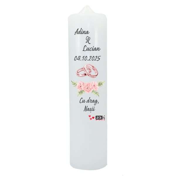 Lumanare nunta personalizata cu nume miri si data, Fuzzy Pink, pentru a fi decorata cu flori naturale ILIF404013