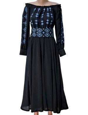 Rochie dama, lunga din bumbac 100% de calitate superioara, brodata cu motive traditionale, negru-albastru – LLDJ403011