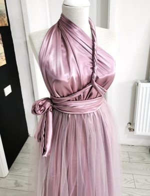 Rochie versatila din satin cu tulle si talie elastica, roz – ACD1022