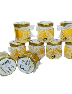 Marturii dulci cu miere, model handmade Eleganta – alb, borcan 50 gr – DSBC005
