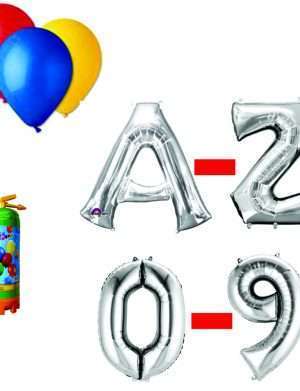 Pachet 5 baloane numere / cifre argintii la alegere, 1 butelie heliu, 100 baloane latex 26cm standard – FTB198