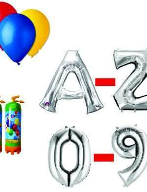 Pachet 10 baloane numere / cifre argintii la alegere, 3 butelii heliu, 100 baloane latex 26cm standard – FTB197
