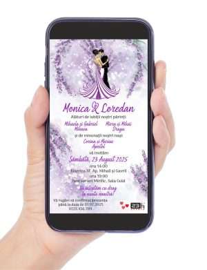Invitație digitală nunta, personalizată cu grafica miri si lavanda mov – MIBC403020