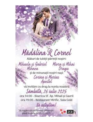Invitație digitală nunta, personalizată cu miri si lavanda mov – MIBC403019