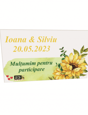 Marturie nunta personalizata, tematica floarea-soarelui, 80x45mm, cu magnet – ILIF202041