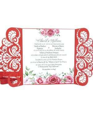 Invitatie nunta model Dantelat , inchidere dubla, 14×14,5 cm, rosu – MIBC203002