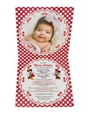 Invitatie botez tip Carte cu fundita, personalizata cu fotografie, Minnie Mouse, rosu – MIBC203066