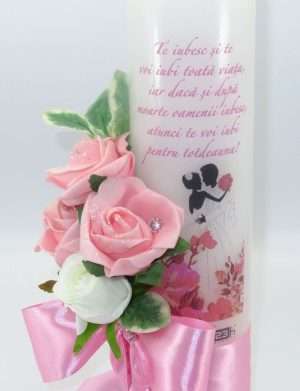 Lumanare cununie, decorata cu mesaj si flori roz – ILIF208022