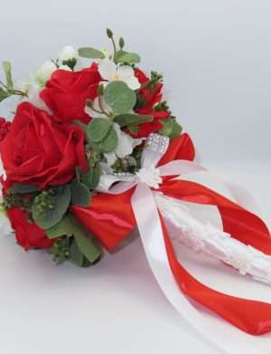 Buchet mireasa cu trandafiri rosii si eucalipt – PRIF210027