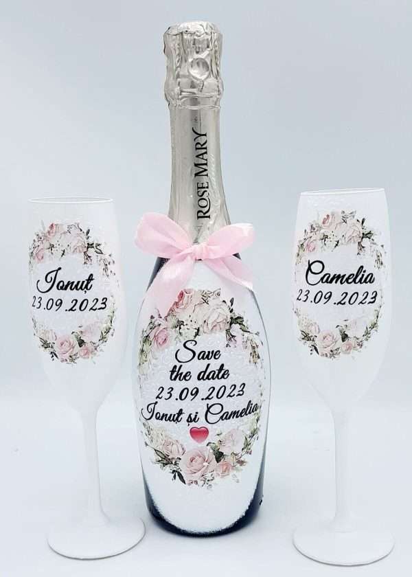 Set Save The Date, sticla vin spumant si pahare decorate manual - FEIS210005