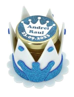 Marturii dulci cu miere, model handmade Coroana – albastru, borcan 50 gr , etichetă personalizabilă – DSBC211016