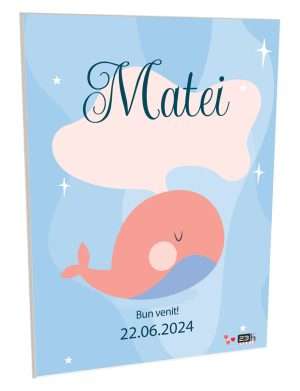 Tablou Bun Venit Botez, aniversare bebe băiețel, balenă – ILIF308106