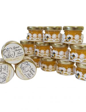 Marturii dulci cu miere, model handmade Dorinta – alb, borcan 30 gr – DSBC002