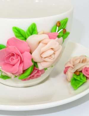 Set fimo, cana si farfurie Trandafiri roz, decorare manuala, SAHGL176