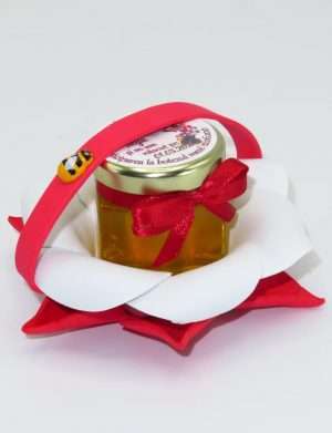 Marturii dulci cu miere, model handmade Zumzet dulce – rosu, borcan 50 gr – DSBC1693