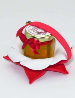 Marturii dulci cu miere, model handmade Zumzet dulce – rosu, borcan 50 gr – DSBC1693