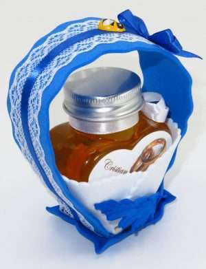 Marturii dulci cu miere, model handmade Cupe cu nectar – albastru alb, borcan 90 gr – DSBC1671