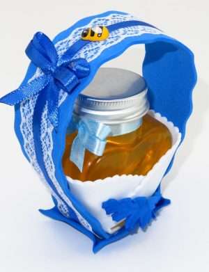 Marturii dulci cu miere, model handmade „Cupe cu nectar” – albastru , borcan 90 gr – DSBC1919