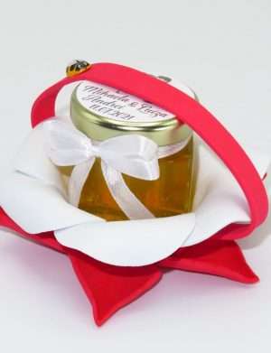 Marturii dulci cu miere, model handmade Zumzet dulce – rosu, borcan 50 gr – DSBC1694
