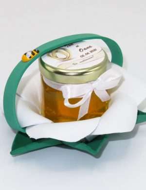 Marturii dulci cu miere, model handmade Zumzet dulce – verde alb, borcan 50 gr – DSBC1684