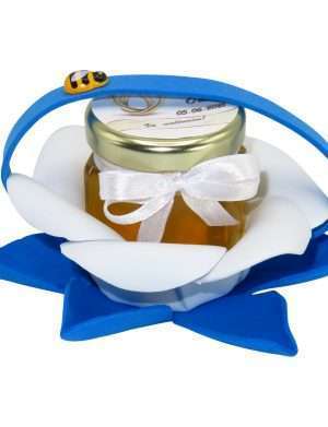 Marturii dulci cu miere, model handmade Zumzet dulce – albastru, borcan 50 gr – DSBC1695