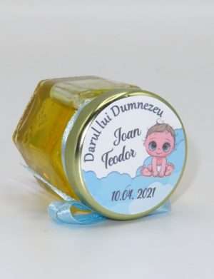 Marturii dulci cu miere, model handmade Iubire – bleu, borcan 50 gr – DSBC164