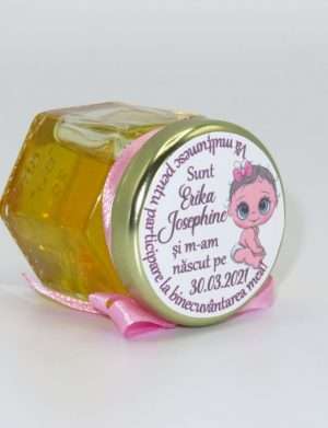 Marturii dulci cu miere, model handmade „Zumzet dulce” – roz, borcan 50 gr  – DSBC1920