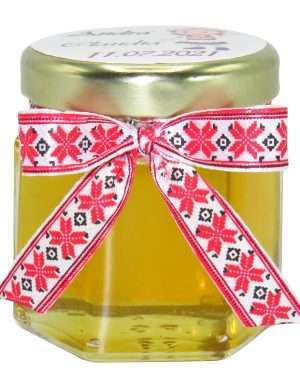 Marturii dulci cu miere, model handmade Voie buna – traditional rosu, borcan 50 gr – DSBC166