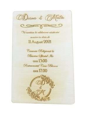 Invitatie nunta din lemn, gravata laser, 10×15 cm, OMIS162