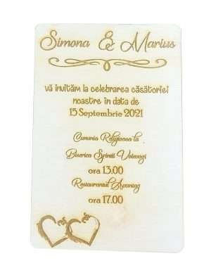 Invitatie nunta din lemn, gravata laser, 10×15 cm, OMIS163