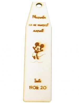 Marturie semn de carte cu Mickey Mouse, din lemn, personalizata, maro OMIS008