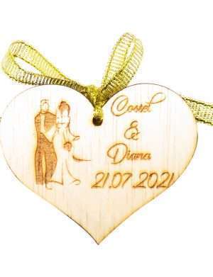 Marturie nunta 2, din lemn, personalizata, maro cu fundita, OMIS1814