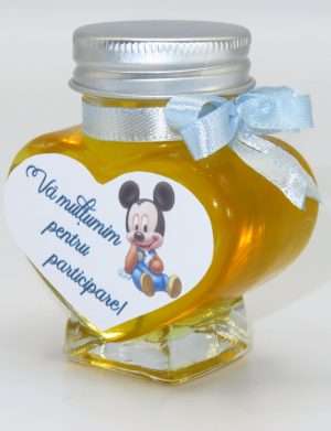 Marturii dulci cu miere, model handmade Iubire – bleu baby Mickey, borcan 90 gr – SDSBC1614