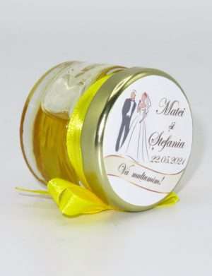 Marturii dulci cu miere, model handmade Iubire – galben, borcan 30 gr – DSBC1640