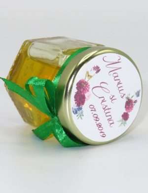 Marturii dulci cu miere, model handmade Zumzet dulce – verde alb, borcan 50 gr – DSBC1683