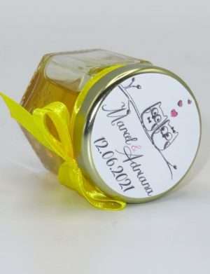 Marturii dulci cu miere, model handmade Iubire – galben, borcan 50 gr – DSBC1656