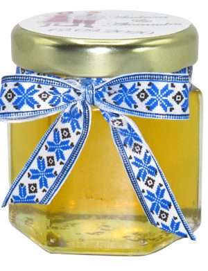 Marturii dulci cu miere, model handmade Voie buna – traditional albastru, borcan 50 gr – DSBC1645