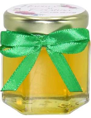 Marturii dulci cu miere, model handmade Zumzet dulce – verde alb, borcan 50 gr – DSBC1683